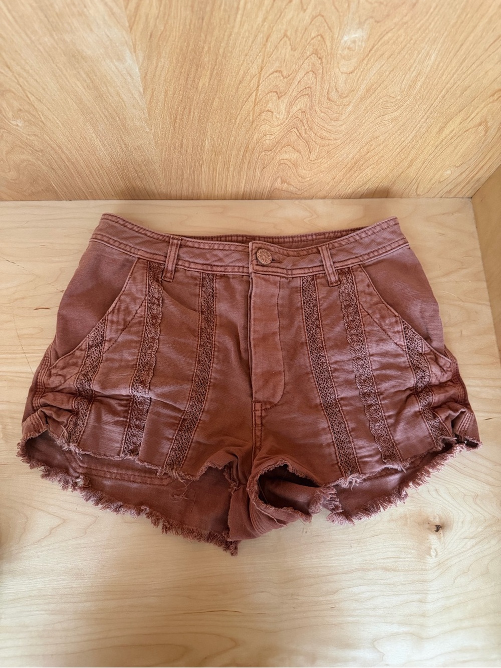 Free People Rust Lace-Trim High-Rise Jean Shorts